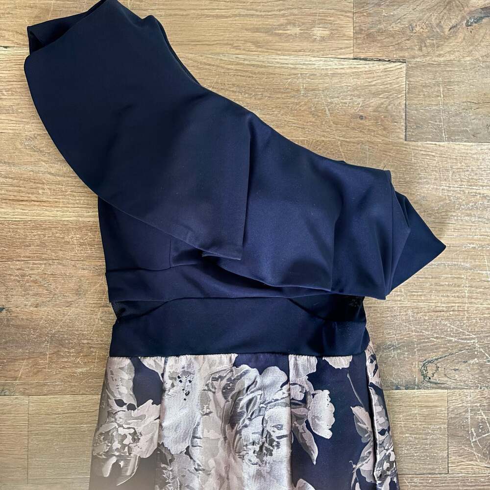 Xscape One Shoulder Navy Floral High-Low Jacquard Gown Size 2